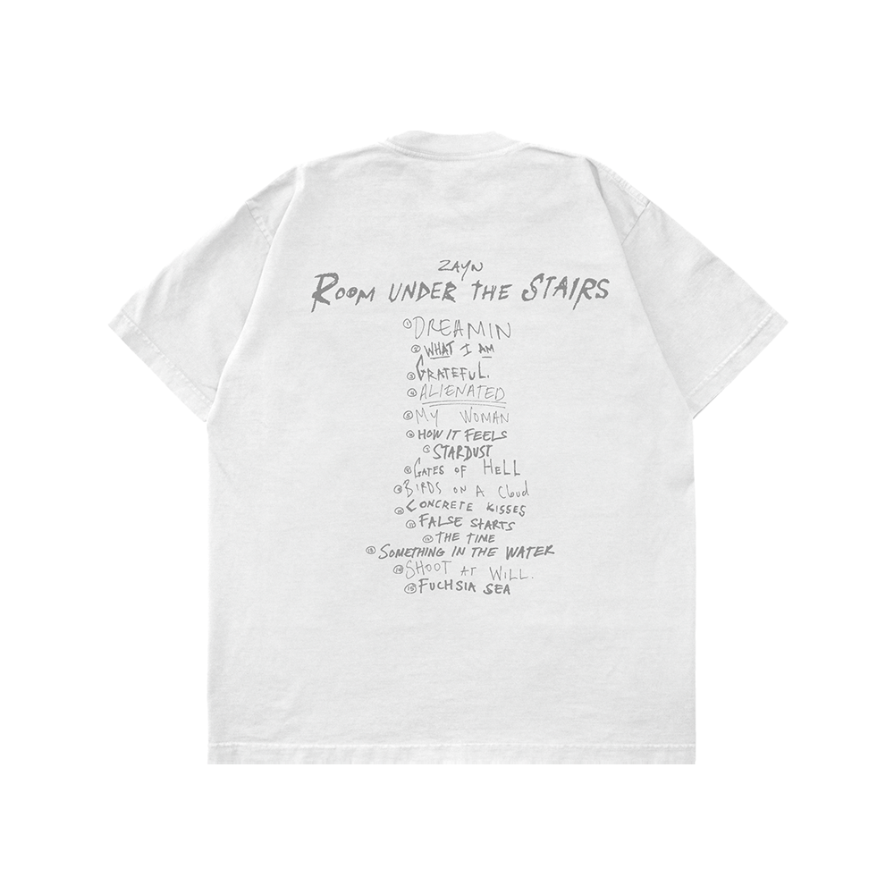 ROOM UNDER THE STAIRS TRACKLIST TEE - WHITE BACK